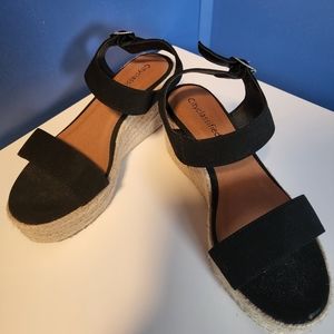 Wedge sandals. Size 7. Black velvet straps.